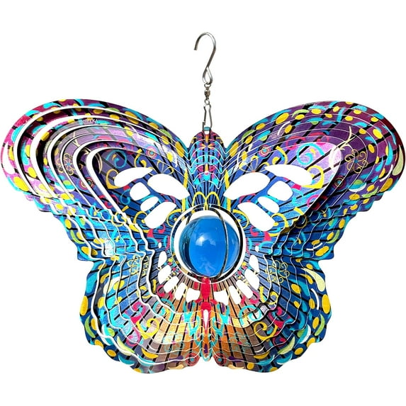 FONMY Mandala Wind Spinner w/Glass Ball-Butterfly 3D Stainless Steel Hanging Spinners Worth Gift Christmas Decoration Indoor/Outdoor Garden Décor Kinetic Yard Art 12 Inches Wind Sculpture