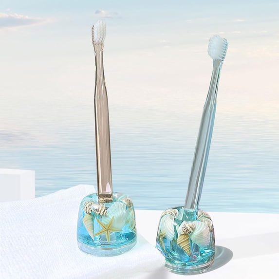 FONMY Mini Couple Toothbrush Holder Stand-Acrylic w/Nature Seashell Handmade Seascape Razor Holders Organizer for Bathroom Vanity Countertops Office Unique Gifts and Home Decoration,Sea Blue,Pack of