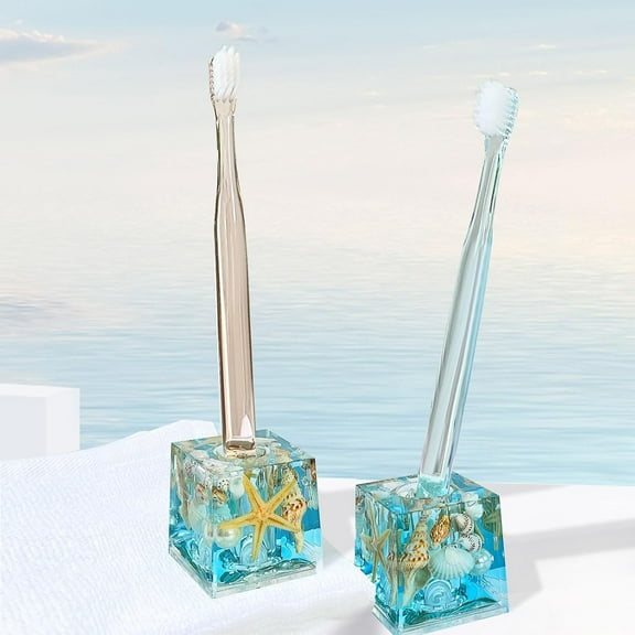 FONMY Mini Couple Toothbrush Holder Stand-Acrylic w/Nature Seashell Handmade Seascape Razor Holders Organizer for Bathroom Vanity Countertops Office Unique Gifts and Home Decoration,Blue,Squre