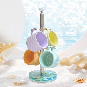 FONMY Mug Holder Tree Acrylic w/Nature Seashell,Coffee Cup Holder w/ 4 Hooks,Coffee Mug Holder, Mug Tree Stand Display Rack for Counter Kitchen Cabinet, Coffee Bar Accessories, Cafe Organizer, Blue