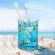 FONMY Blue Acrylic Toothbrush Holder and Mouthwash Cup – Coastal Bathroom Tumbler with Seashells