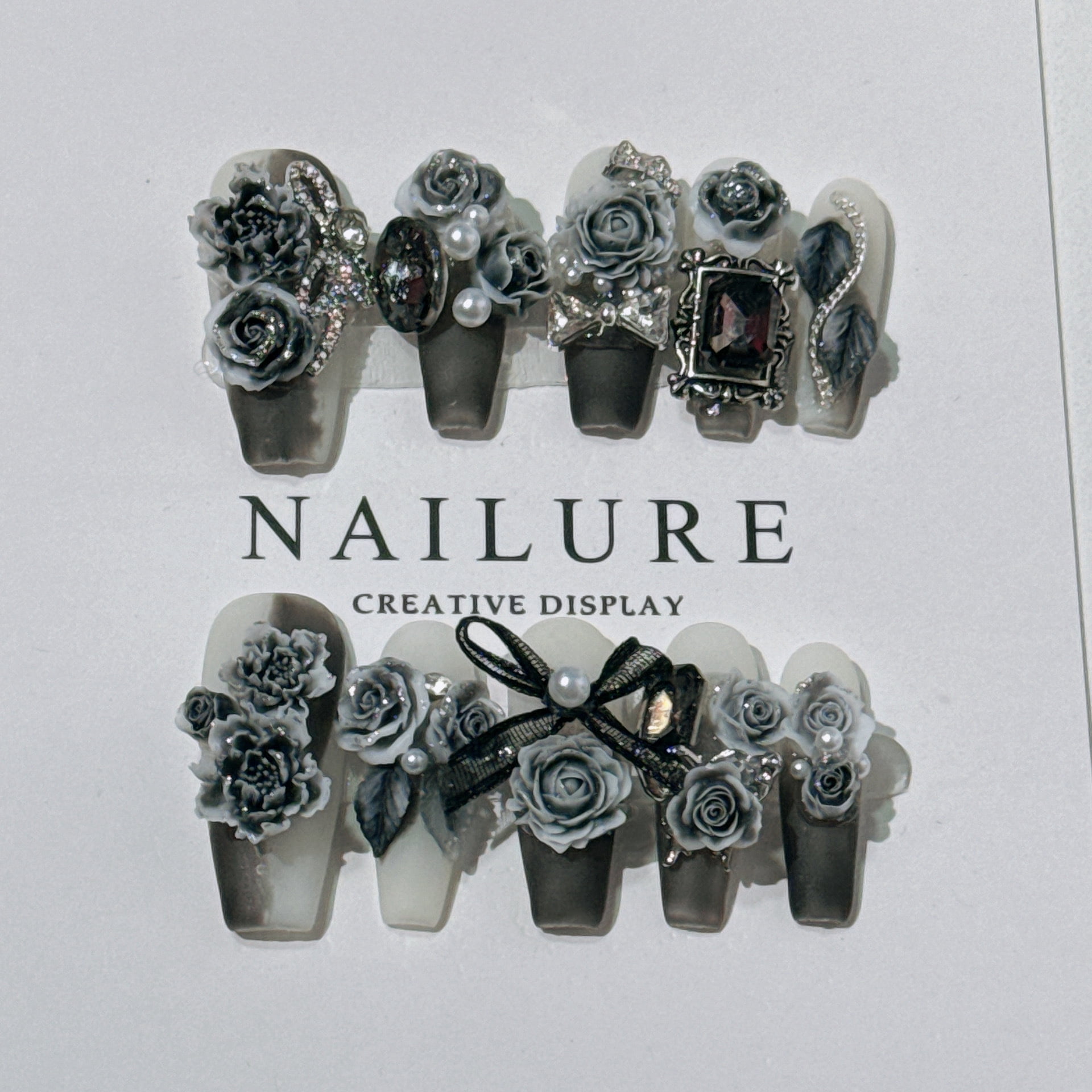 FONOW French Tip Press on Nails Long Square Fake Nails Brown Nails Press ons 3d Bow Pearl Glue on Nails 10Pcs Glossy Manicure Art Acrylic Nails Squoval Manicure Art False Nails for Women Girls
