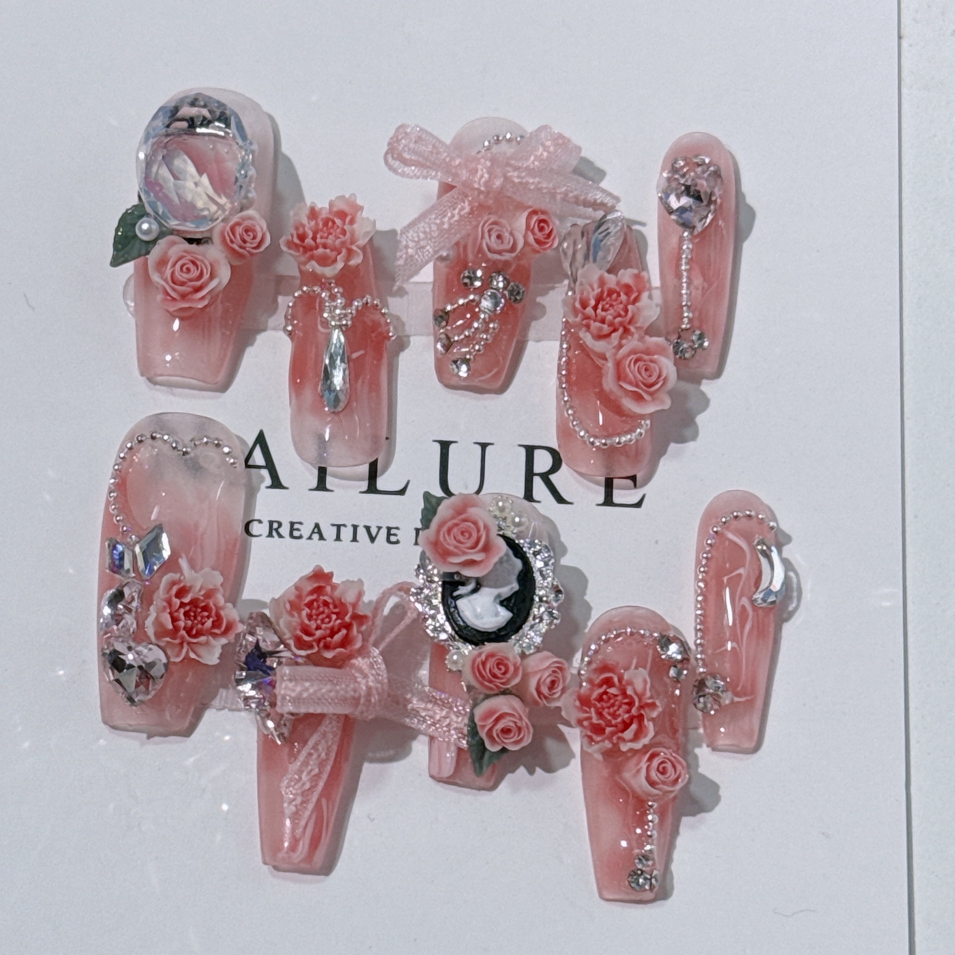 FONOW French Tip Press on Nails Long Square Fake Nails Brown Nails Press ons 3d Bow Pearl Glue on Nails 10Pcs Glossy Manicure Art Acrylic Nails Squoval Manicure Art False Nails for Women Girls