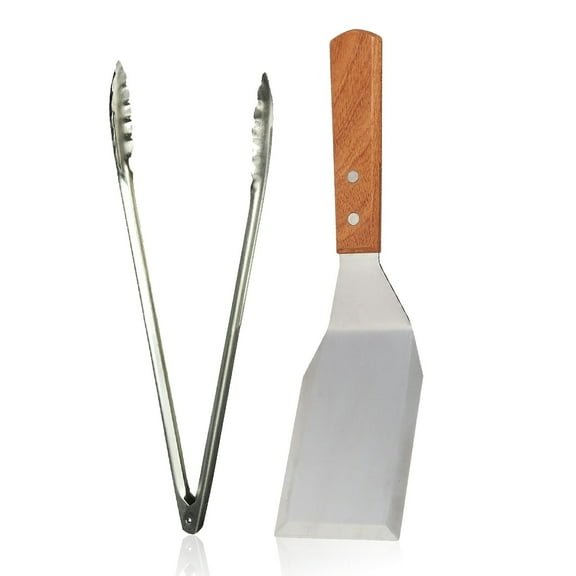 FONTEME 9-inch, Stainless Steel Utility Tongs, Extra Heavyweight | Stainless Steel Hamburger Turner, Medium, with Wooden Handle [1PK]