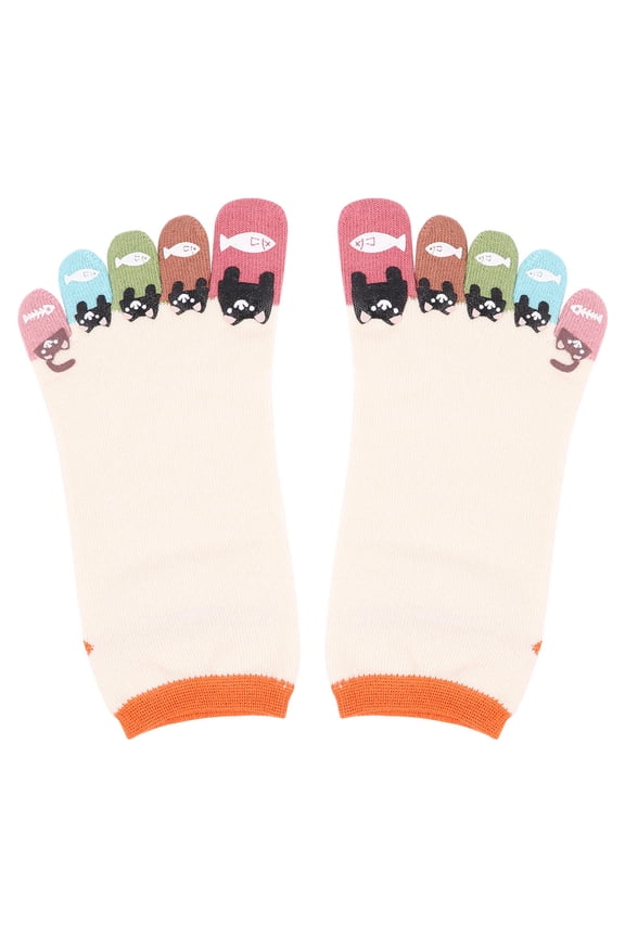 1Pair Breathable Cotton Toe Separating Socks with Elastic Fit and Creative Cat Print Design