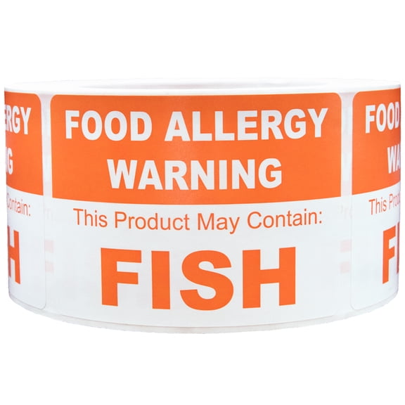 "FOOD ALLERGY WARNING This Product May Contain: FISH" Labels | 2.5 x 3.5" Inches | 500 Pack