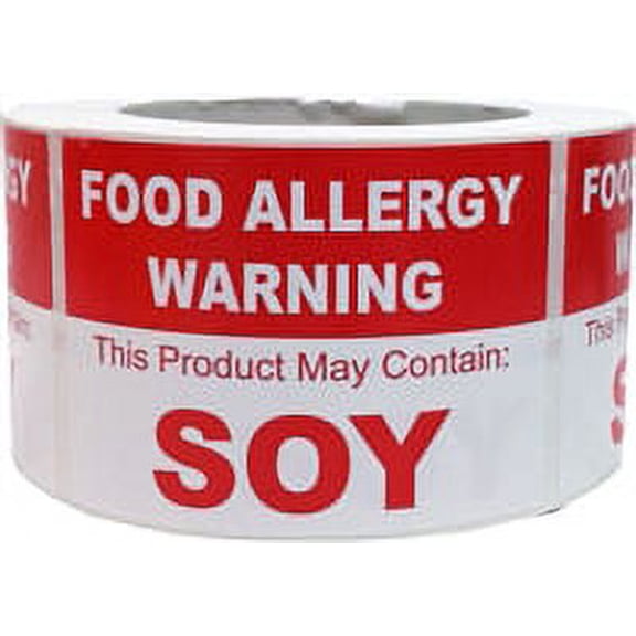 "FOOD ALLERGY WARNING, This Product May Contain: SOY" Labels | 2.5 x 3.5" Inch | 500 Pack