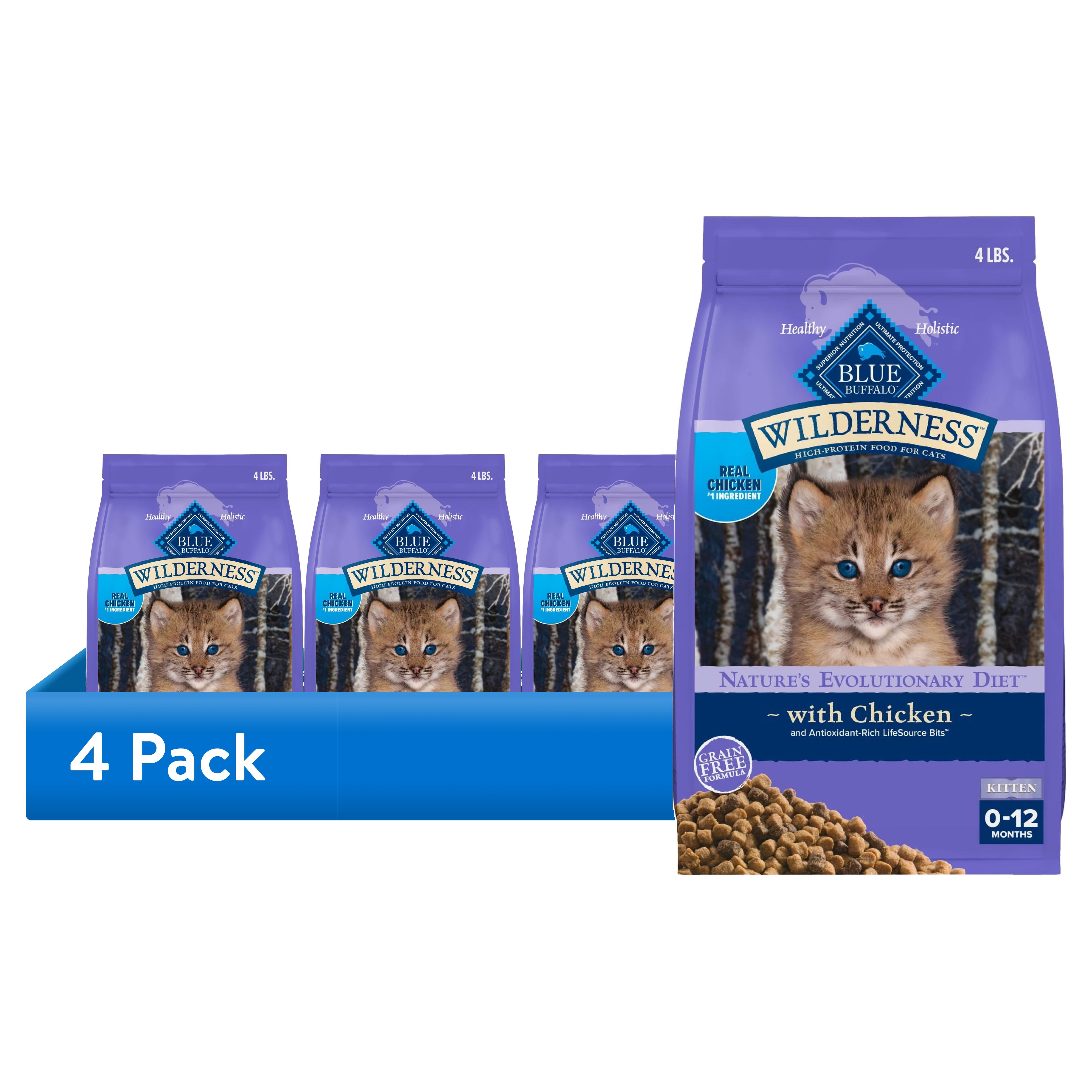 (4 pack) Blue Buffalo Wilderness Natural Kitten Dry Cat Food, High-Protein, Chicken, 4-lb. Bag