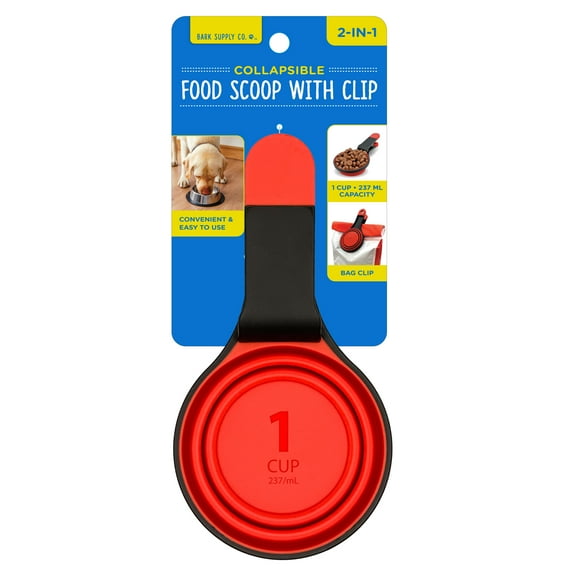 Bark Supply Collapsible Silicone Food Scoop with Clip, 1 Cup Capacity, Color May Vary
