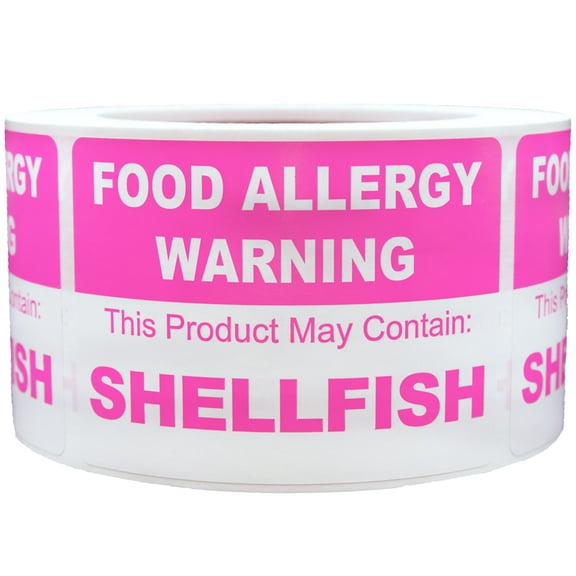 "FOOD WARNING, This Product May Contain: SHELLFISH" Labels | 2.5 x 3.5" Inches | 500 Pack