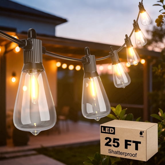 Fooman ST38 Outdoor String Lights 25FT IP65 Patio Waterproof Hanging Lighting with 12+1 Bulbs for Garden Gazebo Bistro Cafe Backyard