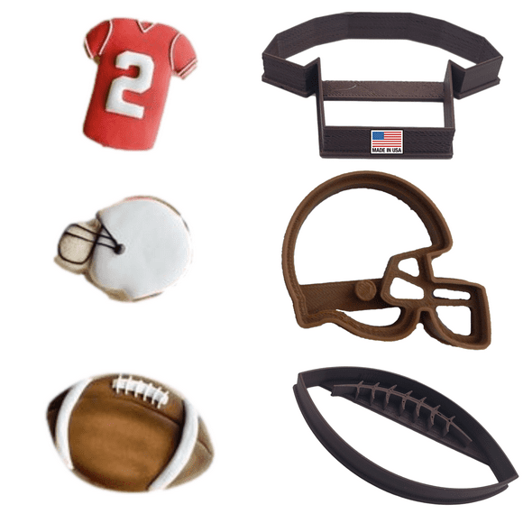 FOOTBALL COOKIE CUTTERS American Football With Laces Game Helmet and Jersey Uniform T-Shirt For Sports Made In USA Cookie Cutters (3 Pack)
