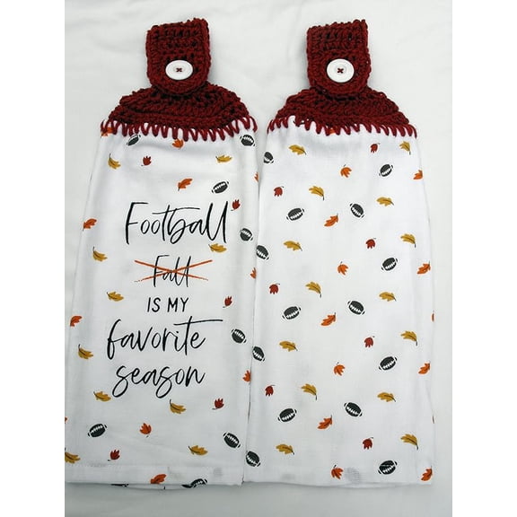 FOOTBALL-FALL- IS MY FAVORITE SEASON- 2 HANDMADE CROCHET TOP HANGING KITCHEN TOWELS