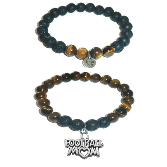 FOOTBALL MOM Charm Women's Tiger Eye & Black Lava Stretch Bracelet Gift Set