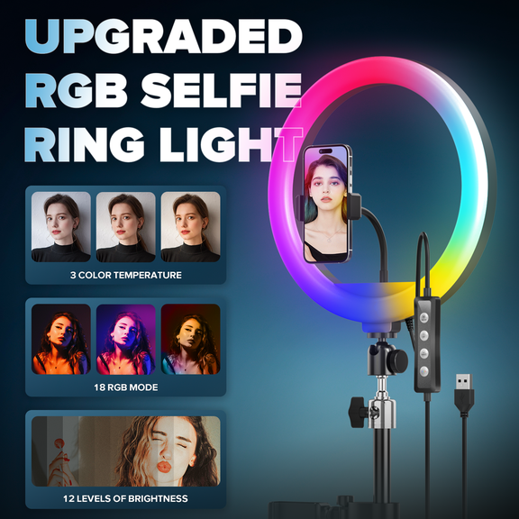 FOOTIELD 13" RGB Ring Light with Tripod & Phone Holder, 10 Modes 3000K-6000K for Live/YouTube/Selfie