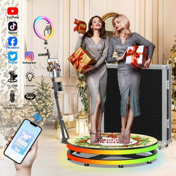 FOOTIELD 360 Photo Booth 60CM with App Control Free Logo Design 360 Rotating Degree Photobooth Machine with RGB Ring Light for Party Christmas Events