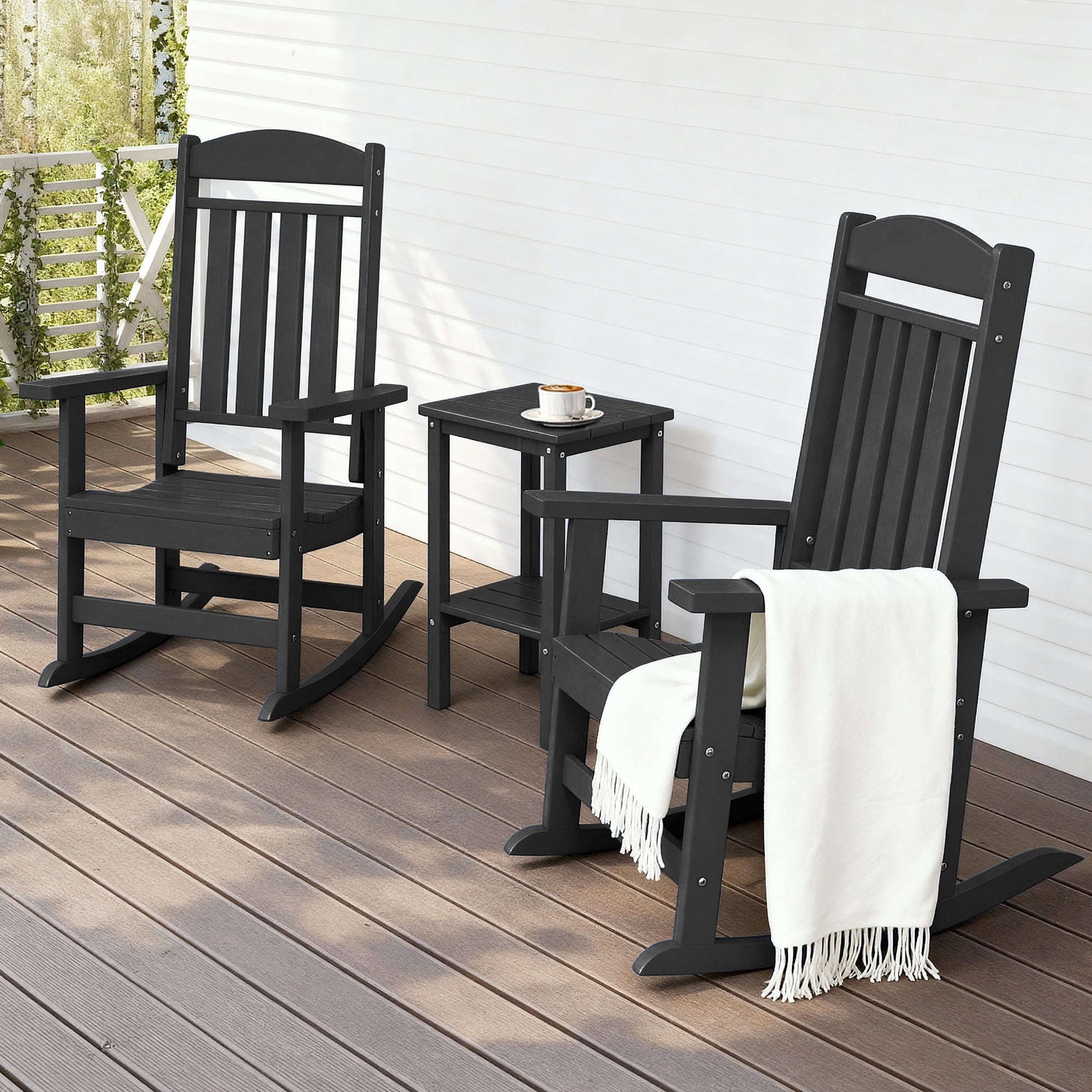 FOOWIN 3-Piece Outdoor Rocking Chairs Set with Side Table, HDPE Plastic Weather Resistant Porch Rocker, Black