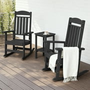 FOOWIN 3-Piece Outdoor Rocking Chairs Set with Side Table, HDPE Plastic Weather Resistant Porch Rocker, Black