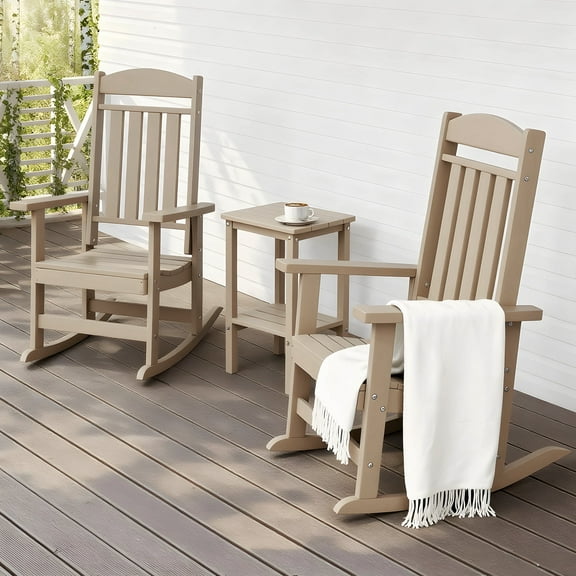 FOOWIN 3-Piece Outdoor Rocking Chairs Set with Side Table, HDPE Plastic Weather Resistant Porch Rocker, Brown