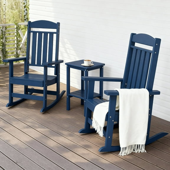 FOOWIN 3-Piece Outdoor Rocking Chairs Set with Side Table, HDPE Plastic Weather Resistant Porch Rocker, Navy Blue