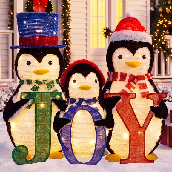 FOOWIN 3-Piece Lighted Penguin Family Outdoor Christmas Decoration, 3ft Pop-Up Penguin Decorations