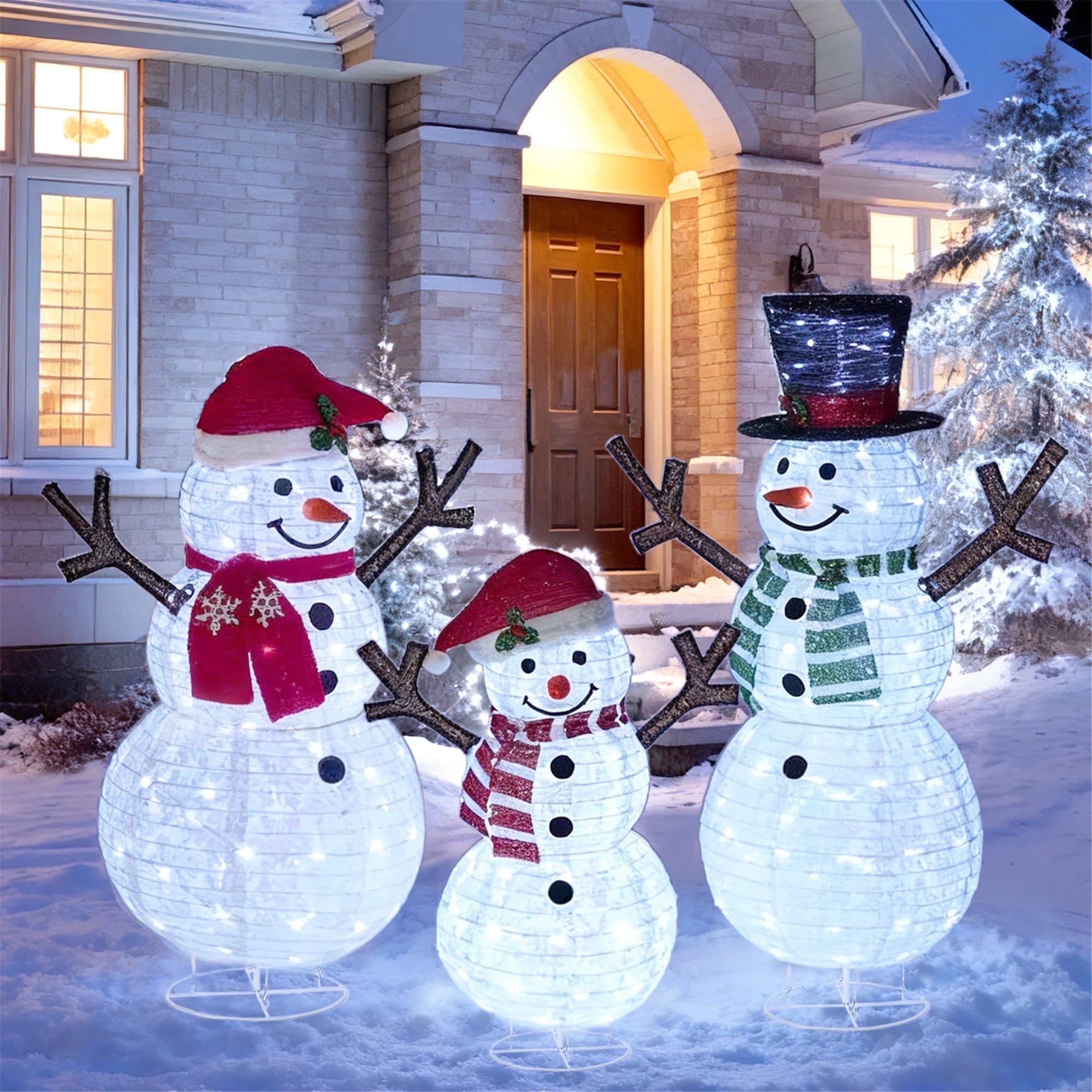 FOOWIN 3Pcs 3D Lighted Pop-Up Snowman Family Set, 4ft Outdoor Christmas Snowman Holiday Decoration
