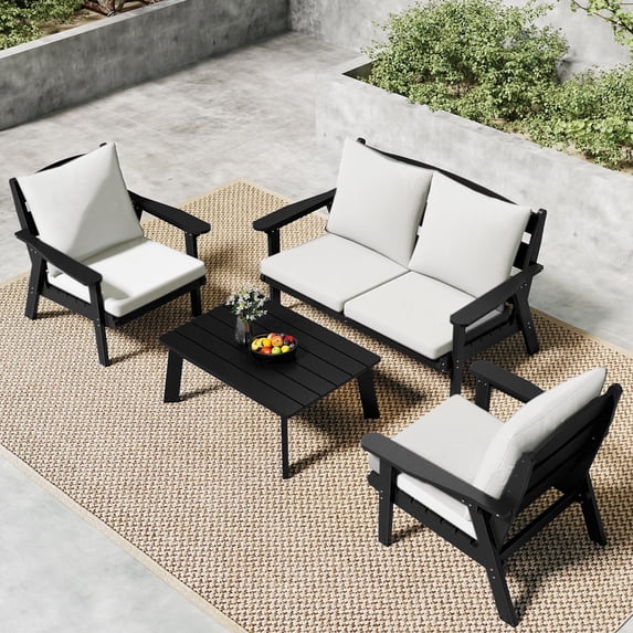 FOOWIN 4-Piece Patio Furniture Set, HDPE Outdoor Conversation Set with 4 Seating & Cushions, Perfect Patio Sofa Set for Garden, Porch, Backyard, Black Frame with Beige Cushion