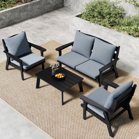 FOOWIN 4-Piece Patio Furniture Set, HDPE Outdoor Conversation Set with 4 Seating & Cushions, Perfect Patio Sofa Set for Garden, Porch, Backyard, Black Frame with Grey Cushion