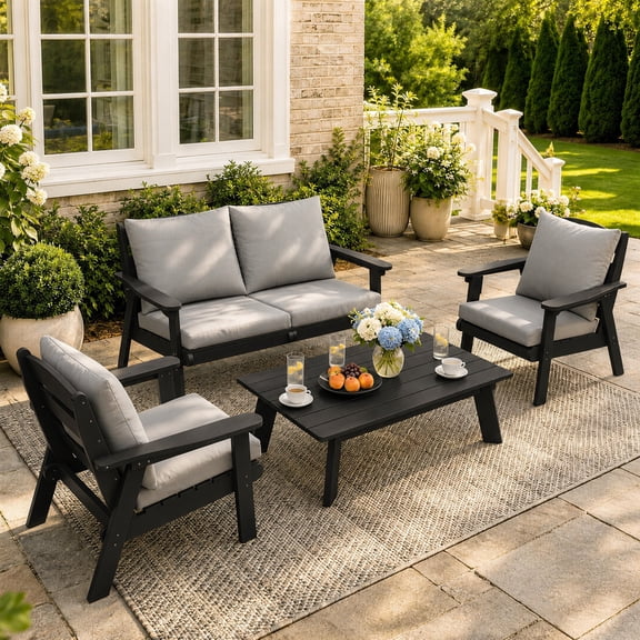 FOOWIN 4-Piece Patio Furniture Set, HDPE Outdoor Conversation Set with 4 Seating & Cushions, Perfect Patio Sofa Set for Garden, Porch, Backyard, Black Frame with Grey Cushion