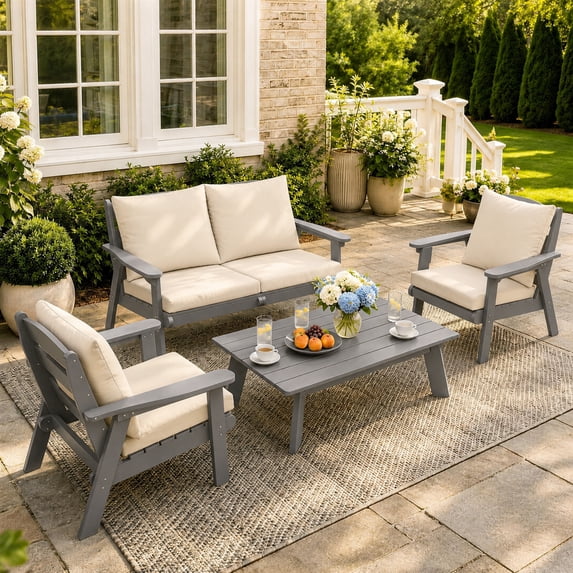 FOOWIN 4-Piece Patio Furniture Set, HDPE Outdoor Conversation Set with 4 Seating & Cushions, Perfect Patio Sofa Set for Garden, Porch, Backyard, Grey Frame with Beige Cushion