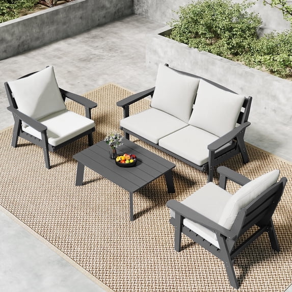 FOOWIN 4-Piece Patio Furniture Set, HDPE Outdoor Conversation Set with 4 Seating & Cushions, Perfect Patio Sofa Set for Garden, Porch, Backyard, Grey Frame with Beige Cushion