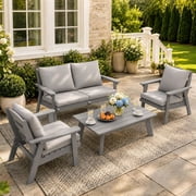 FOOWIN 4-Piece Patio Furniture Set, HDPE Outdoor Conversation Set with 4 Seating & Cushions, Perfect Patio Sofa Set for Garden, Porch, Backyard, Grey Frame with Grey Cushion