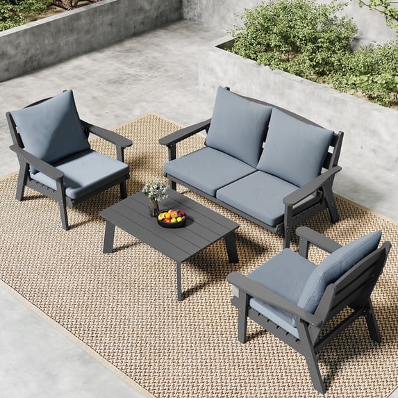 FOOWIN 4-Piece Patio Furniture Set, HDPE Outdoor Conversation Set with 4 Seating & Cushions, Perfect Patio Sofa Set for Garden, Porch, Backyard, Grey Frame with Grey Cushion