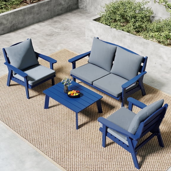 FOOWIN 4-Piece Patio Furniture Set, HDPE Outdoor Conversation Set with 4 Seating & Cushions, Perfect Patio Sofa Set for Garden, Porch, Backyard, Navy Frame with Grey Cushion