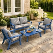 FOOWIN 4-Piece Patio Furniture Set, HDPE Outdoor Conversation Set with 4 Seating & Cushions, Perfect Patio Sofa Set for Garden, Porch, Backyard, Navy Frame with
