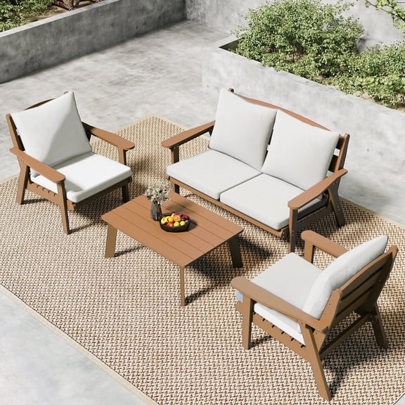 FOOWIN 4-Piece Patio Furniture Set, HDPE Outdoor Conversation Set with 4 Seating & Cushions, Perfect Patio Sofa Set for Garden, Porch, Backyard, Teak Frame with Beige Cushion