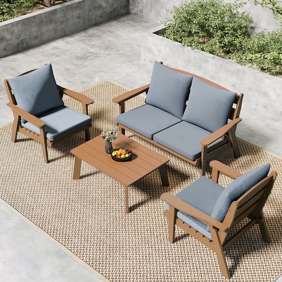 FOOWIN 4-Piece Patio Furniture Set, HDPE Outdoor Conversation Set with 4 Seating & Cushions, Perfect Patio Sofa Set for Garden, Porch, Backyard, Teak Frame with Grey Cushion