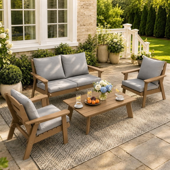 FOOWIN 4-Piece Patio Furniture Set, HDPE Outdoor Conversation Set with 4 Seating & Cushions, Perfect Patio Sofa Set for Garden, Porch, Backyard, Teak Frame with Grey Cushion