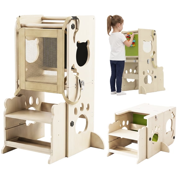 FOOWIN 4-in-1 Toddler Standing Tower, Foldable Toddler Tower with Blackboard, Baseplate, Desk Table and Chair, Step Stool for Toddlers 1-3 Years