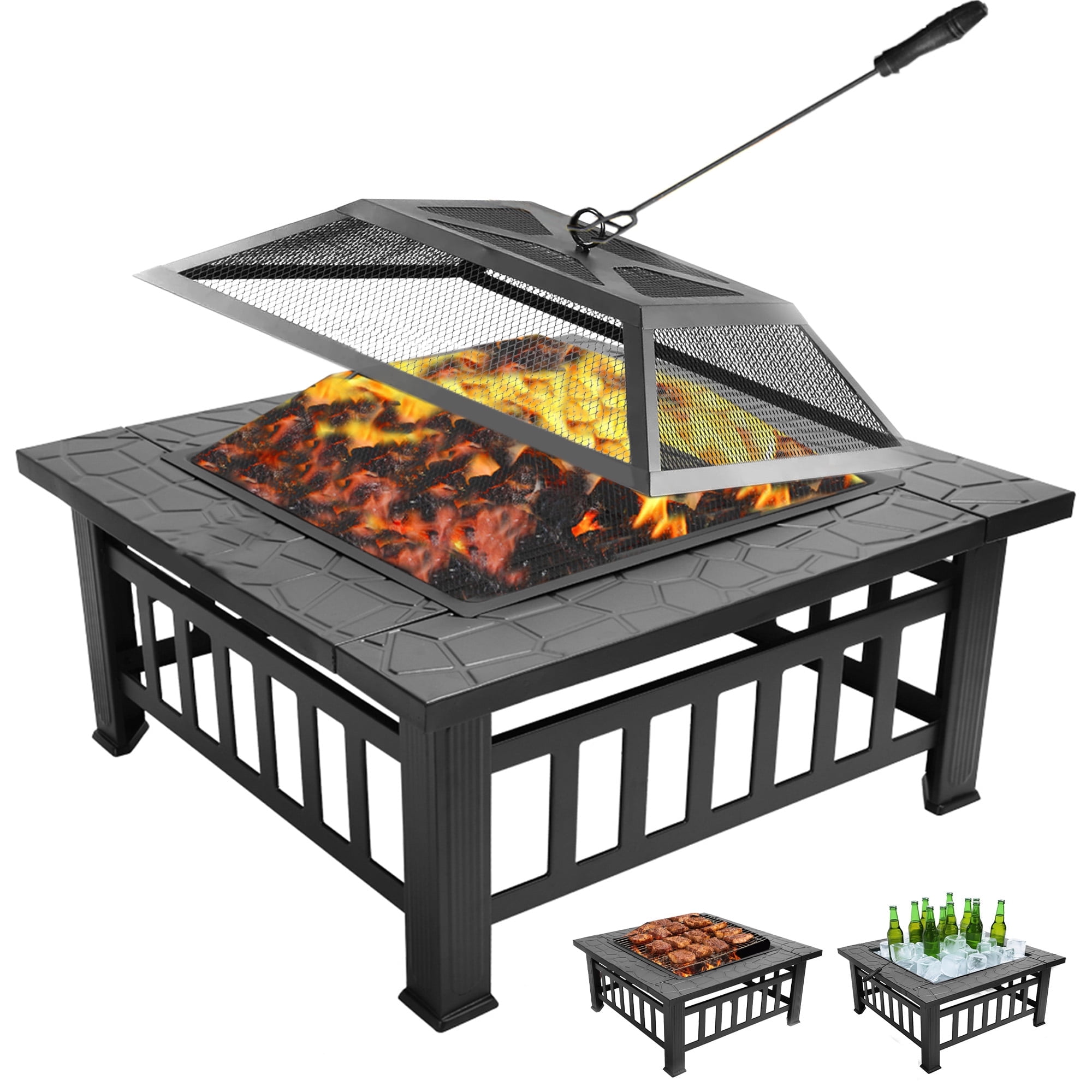 FOOWIN 32" Fire Pit, Multifunctional Metal Fire pit Table for Patio, Backyard, Camping, Bonfire