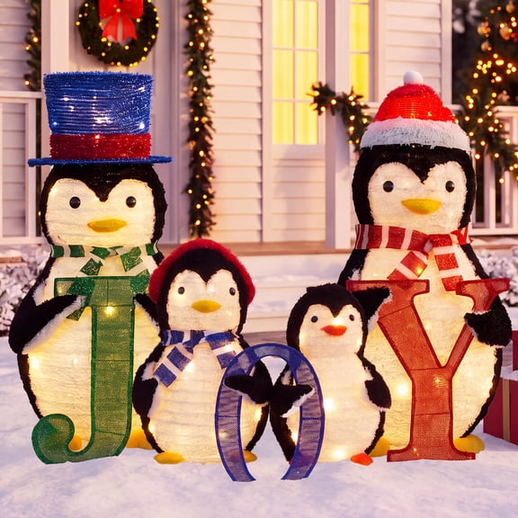 FOOWIN 4-Piece Lighted Penguin Family Outdoor Christmas Decoration, 3ft Pop-Up Penguin Decorations