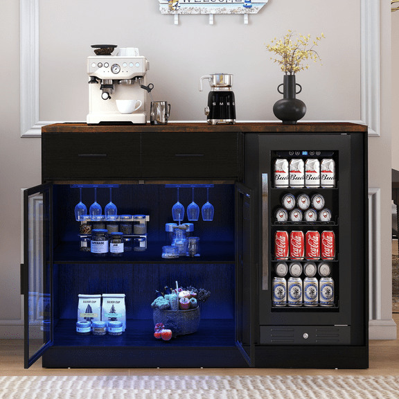 FOOWIN 53" Wine Bar Cabinet, LED Lighted Coffee Bar Cabinet, Black