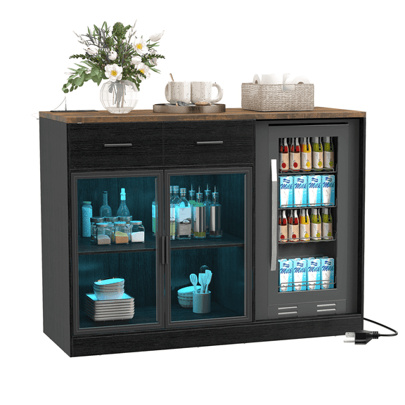 FOOWIN 53" Wine Bar Cabinet, LED Lighted Coffee Bar Cabinet, Black