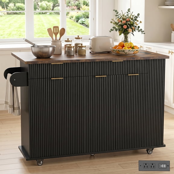 FOOWIN 56" Kitchen Island with Storage, Folding Drop Leaf Kitchen Island with Power Outlet, Rolling Kitchen Cart with Lockable Wheels,Black