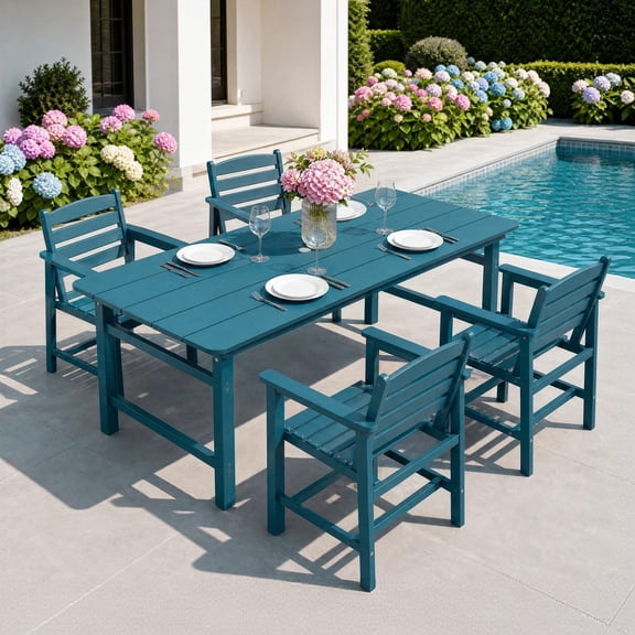 FOOWIN 5PCS Patio Dining Set, HDPE All Weather Outdoor Furniture Set 4 Chairs and 1 Table, Blue