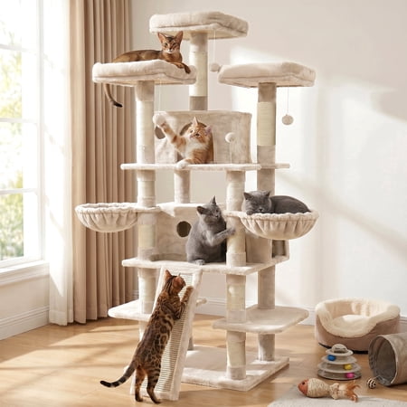FOOWIN 70.8" Large Cat Tree for Indoor Cats, Multi-Level Tower with Sisal Scratching Posts, Condo House and Activity Center, Beige