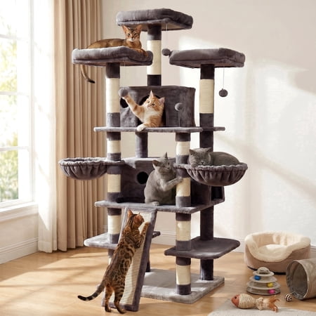 FOOWIN 70.8" Large Cat Tree for Indoor Cats, Multi-Level Tower with Sisal Scratching Posts, Condo House and Activity Center, Dark Grey
