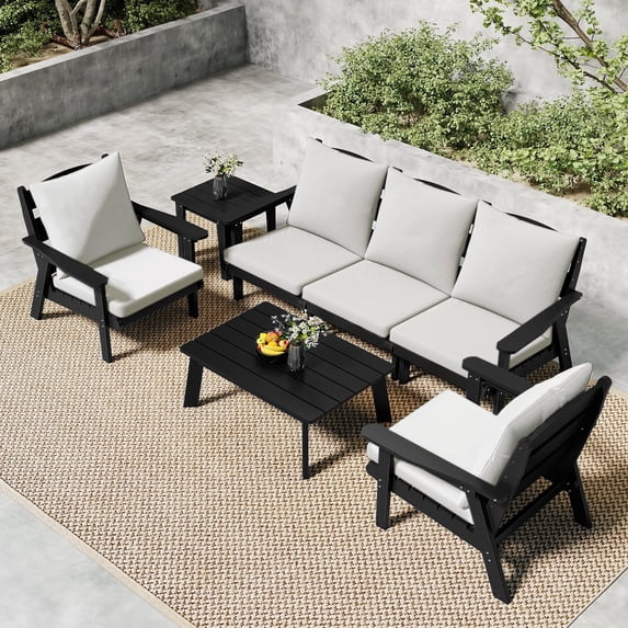 FOOWIN 7-Piece Patio Furniture Set, HDPE Outdoor Conversation Set with 5 Seating & Cushions, Perfect Patio Sofa Set for Garden, Porch, Backyard, Black Frame with Beige Cushion