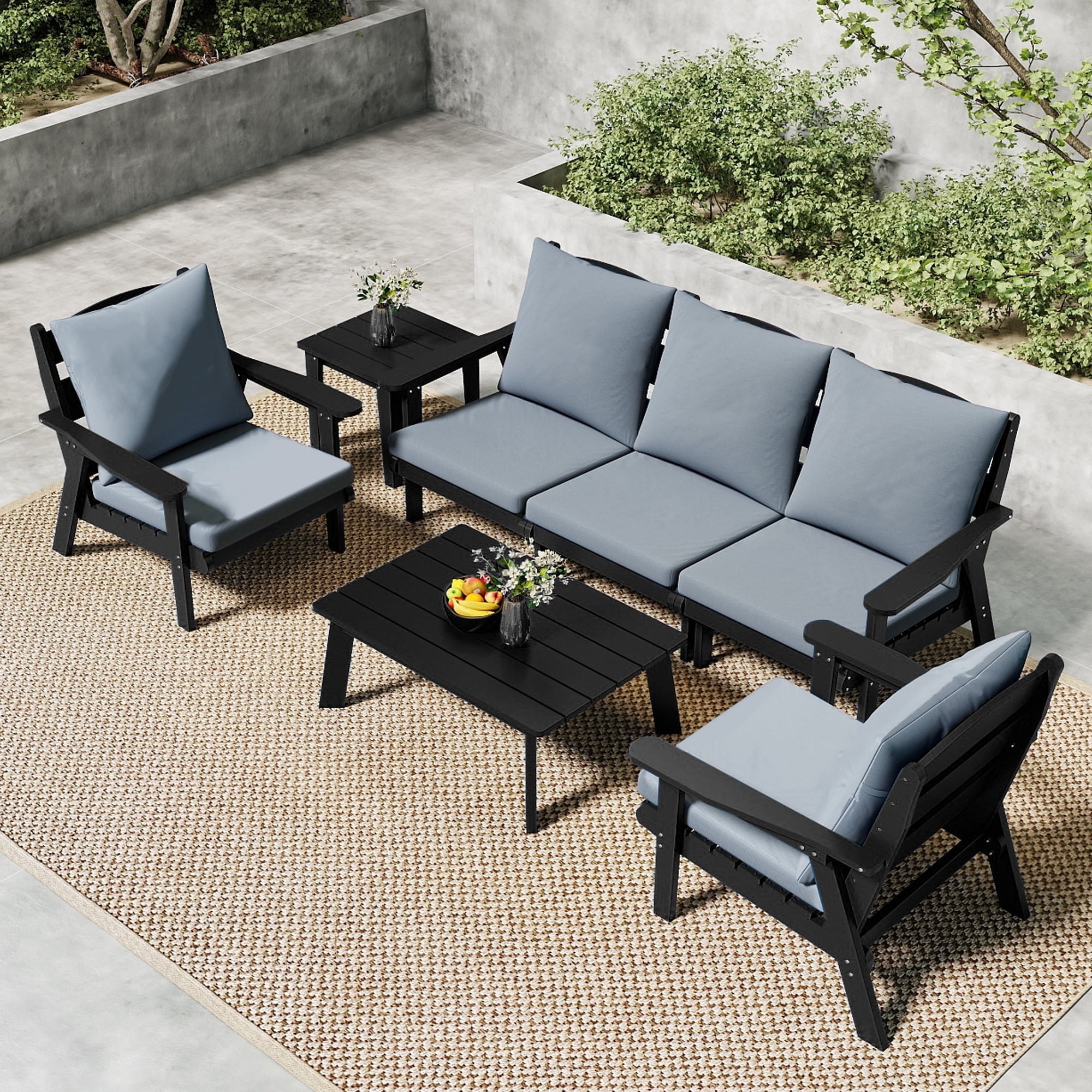 FOOWIN 7-Piece Patio Furniture Set, HDPE Outdoor Conversation Set with 5 Seating & Cushions, Perfect Patio Sofa Set for Garden, Porch, Backyard, Black Frame with Grey Cushion