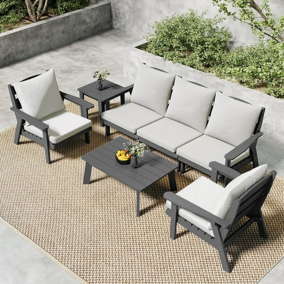 FOOWIN 7-Piece Patio Furniture Set, HDPE Outdoor Conversation Set with 5 Seating & Cushions, Perfect Patio Sofa Set for Garden, Porch, Backyard, Grey Frame with Beige Cushion